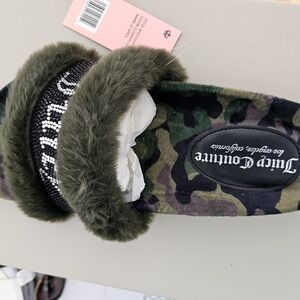 Juicy Couture Green and Black Camouflage Slippers with Plush Fur Trim